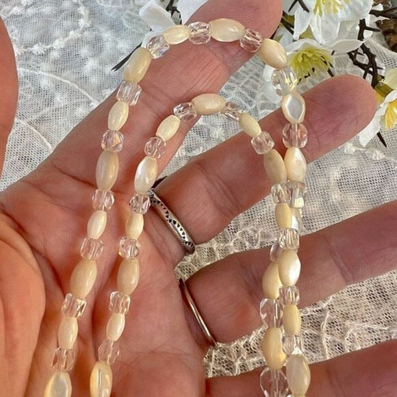 Vintage Mid-Century Mother of Pearl Rice Bead & Crystal Necklace ~27” - Picture 2 of 10